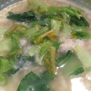 チンゲン菜と大根の葉の玄米雑炊